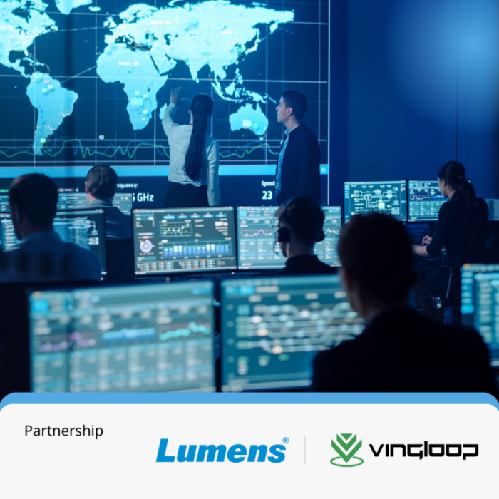Lumens and Vingloop partnership announcement graphic showing PTZ cameras connected to an AV-over-IP network.